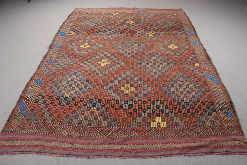 Vibrant Orange & Green Rug, 6,1x8,7 ft Persian Pattern