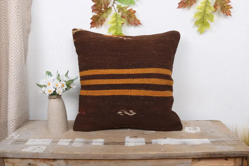 Vintage Kilim Throw Pillow, Turkish Bench Cushion Cover, Pillow Sham, 16x16 Orange Pillow, Handmade Kilim Cushion, Boho Pillow - 1