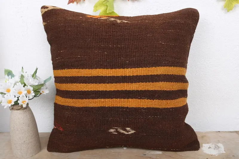 Vintage Kilim Throw Pillow, Turkish Bench Cushion Cover, Pillow Sham, 16x16 Orange Pillow, Handmade Kilim Cushion, Boho Pillow - 2