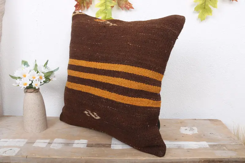 Vintage Kilim Throw Pillow, Turkish Bench Cushion Cover, Pillow Sham, 16x16 Orange Pillow, Handmade Kilim Cushion, Boho Pillow - 4