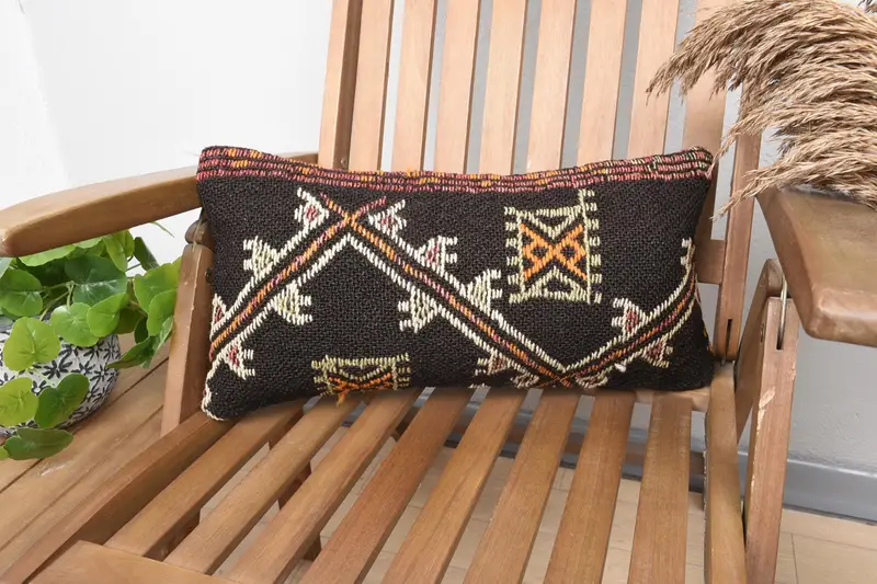 Handgefertigtes geometrisches Kissen in Braun und Orange, Kissen aus Leinen und Wolle