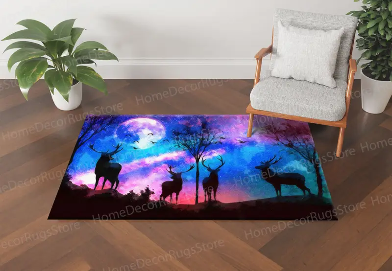 Moderner bedruckter Teppich: Abstrakter Hirschwald-Nachthimmel-Design