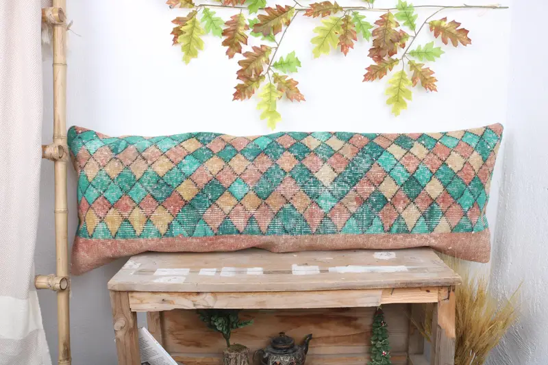 Pillow Case, Vintage Kilim Pillow, Throw Kilim Pillow, Kilim Cushion Sham, 16x48 Green Pillow Case, Handmade Throw Pillow Cover - 1