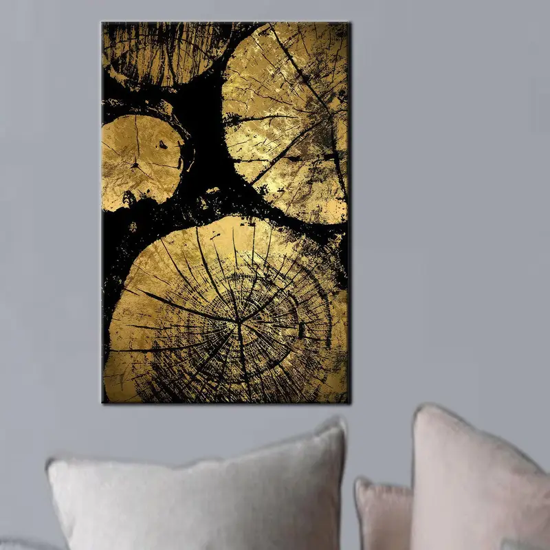 Elegant Gold & Black Wood Crack Printed Canvas Art