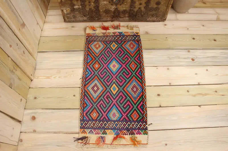 Handmade Green Rug, 1,1x2,8 ft with Purple Accents