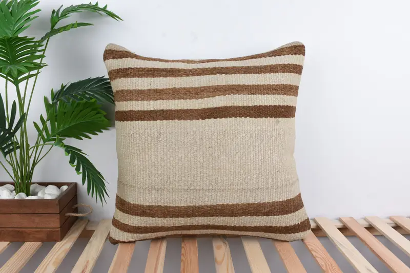 Vintage Kilim Pillow, Authentic Cushion Case, Crochet Pattern Pillow Cover, Home Decor Pillow, Cushion, 24x24 Beige Pillow Cover, Gift Pillow - 1