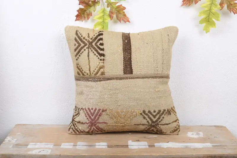 Beige-braunes Patchwork-Wurfkissen, 16x16 besticktes Kissen