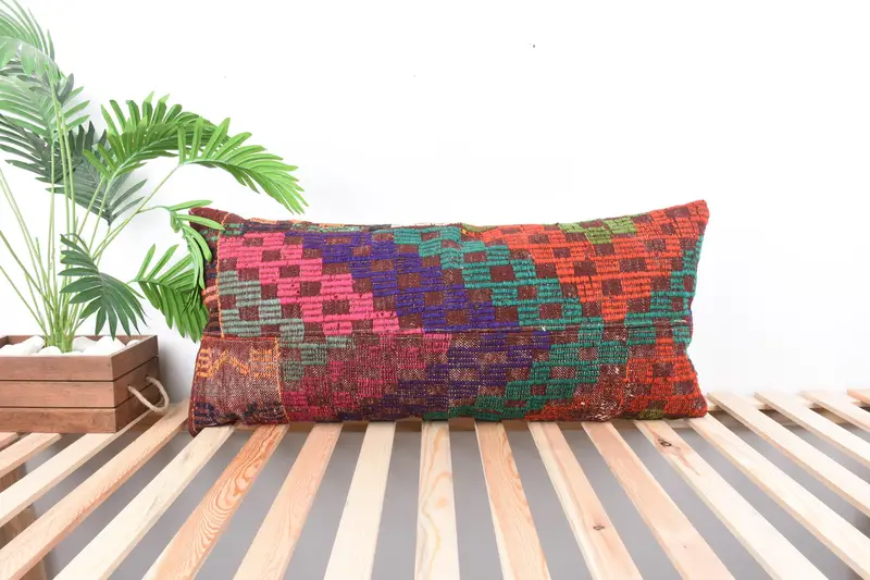 Pillow Case, Square Throw Cushion Case, Interior Designer Pillow, Turkish Kilim Pillow, 16x36 Pink Pillow Sham, Vintage Kilim Throw Pillow - 1