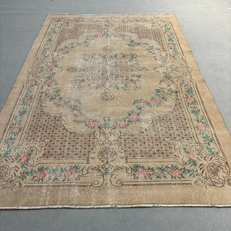 6.4x9.7 ft Turkish Large Rug, Brown Pink Vintage Solid Wool Rug - 1