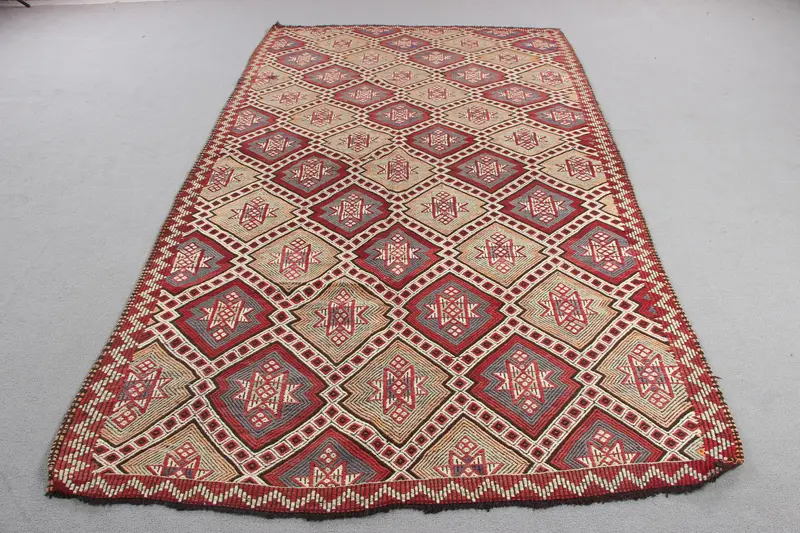 Kırmızı ve Yeşil Kareli Halı, 5.5x9.9 ft Zarif Dekor