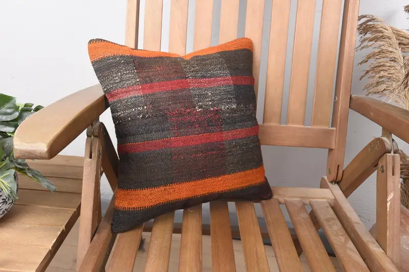 Small Square Brown Turkish Pillowcase, Gift Rustic 14x14 inch Striped Pillow - 1