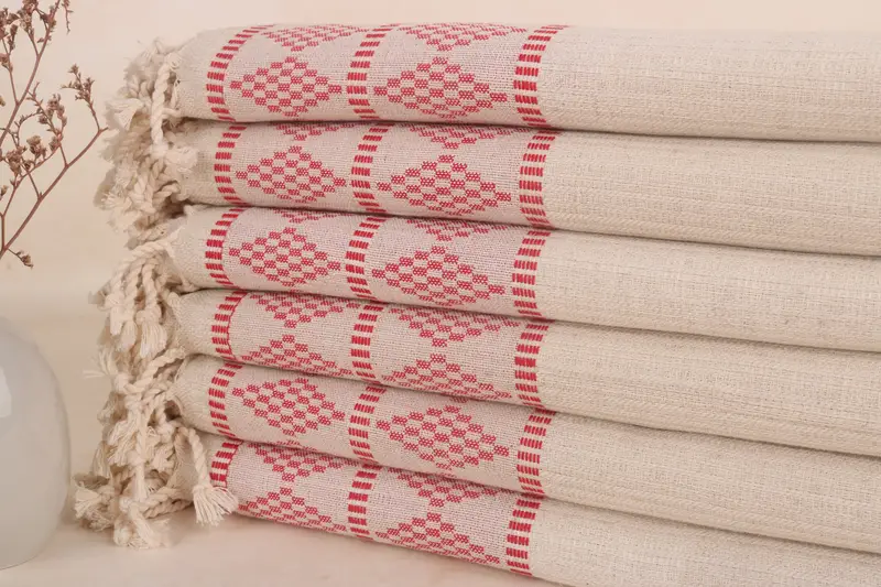 Turkish Beach Towel Red Kilim Design, Beige, 36x71 Inches