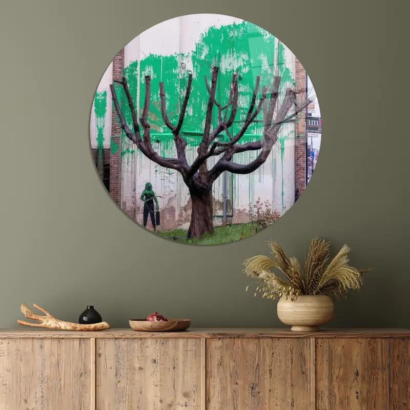 Printed Glass: Banksy Tree Graffiti in Vivid Hues