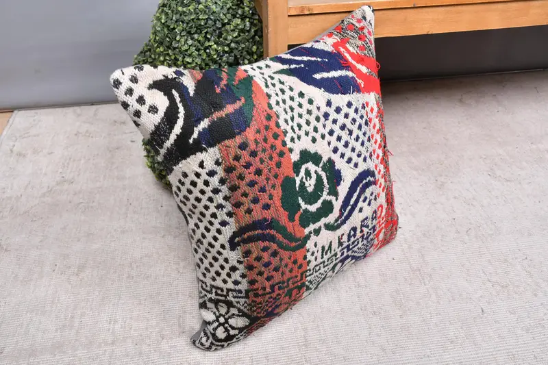 Cushion, Kilim Rug Pillow Sham, Handwoven Cushion Case, Garden Pillow, 20x20 White Cushion, Kilim Cushion Sham, Boho Pillow, Pillow for Couch - 7