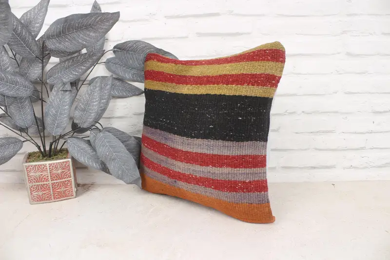 Vintage Kilim Pillow, Ethnical Kilim Rug Pillow, Colorful Pillow Cover, 16x16 Red Cushion, Pillow Case, Handmade Kilim Cushion - 4