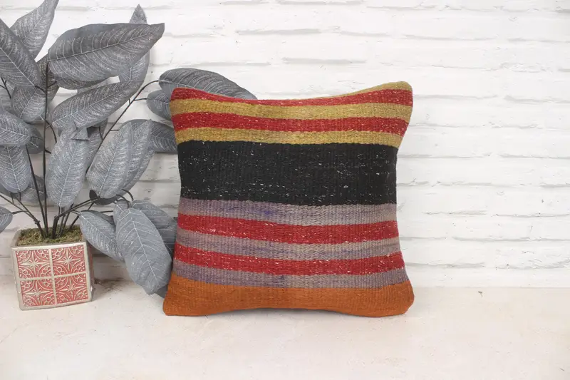 Vintage Kilim Pillow, Ethnical Kilim Rug Pillow, Colorful Pillow Cover, 16x16 Red Cushion, Pillow Case, Handmade Kilim Cushion - 1