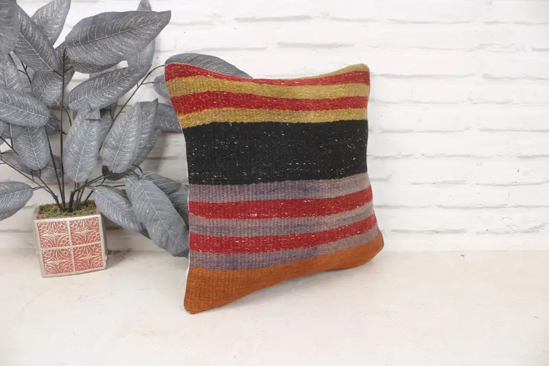 Vintage Kilim Pillow, Ethnical Kilim Rug Pillow, Colorful Pillow Cover, 16x16 Red Cushion, Pillow Case, Handmade Kilim Cushion - 3