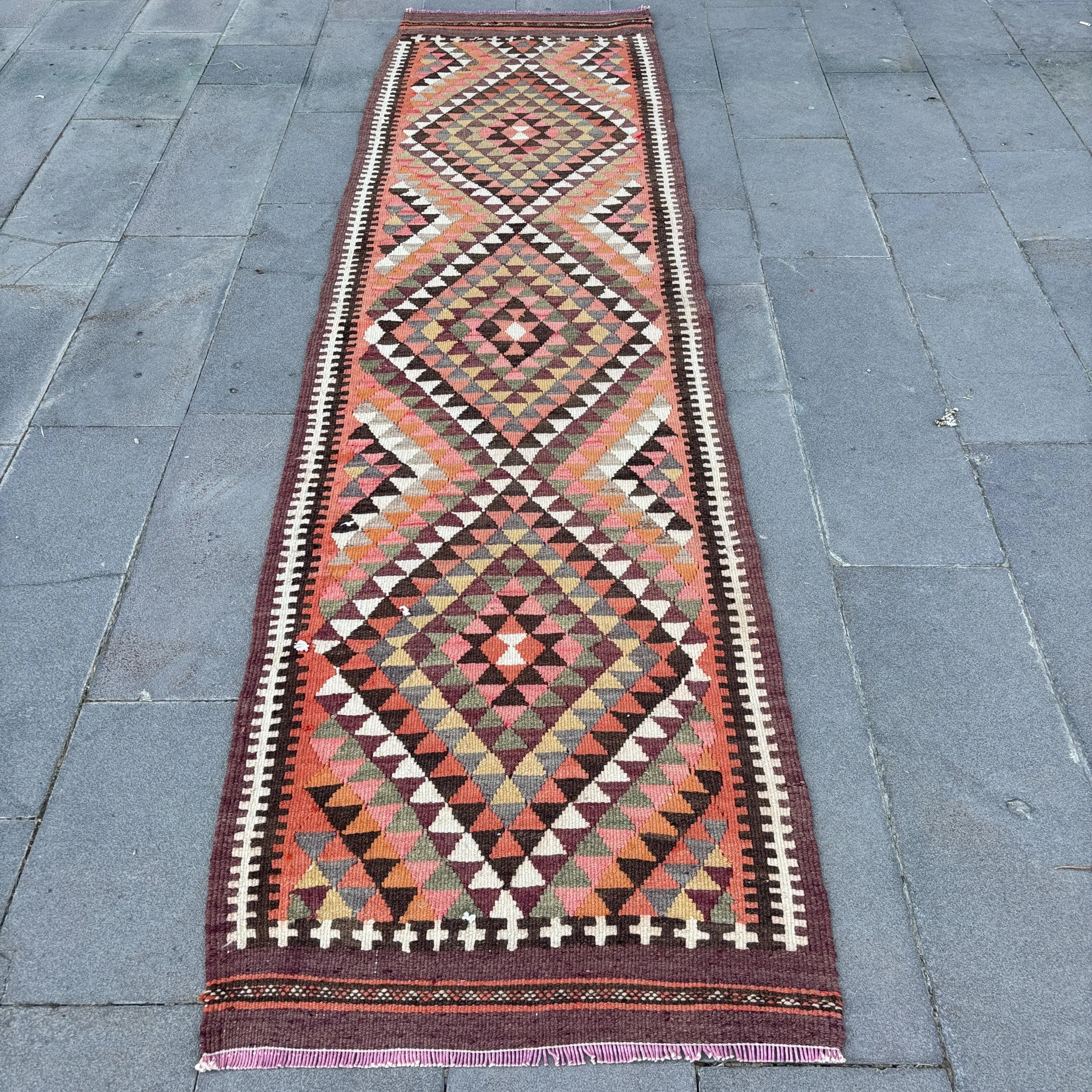 Vintage Rug 2.6x10.4 ft (79x318 cm), Red Plants & trees Turkish Rug - 1