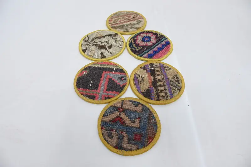 ブルーとブラウンのラウンドコースターセット、エスニックコースター6枚セット