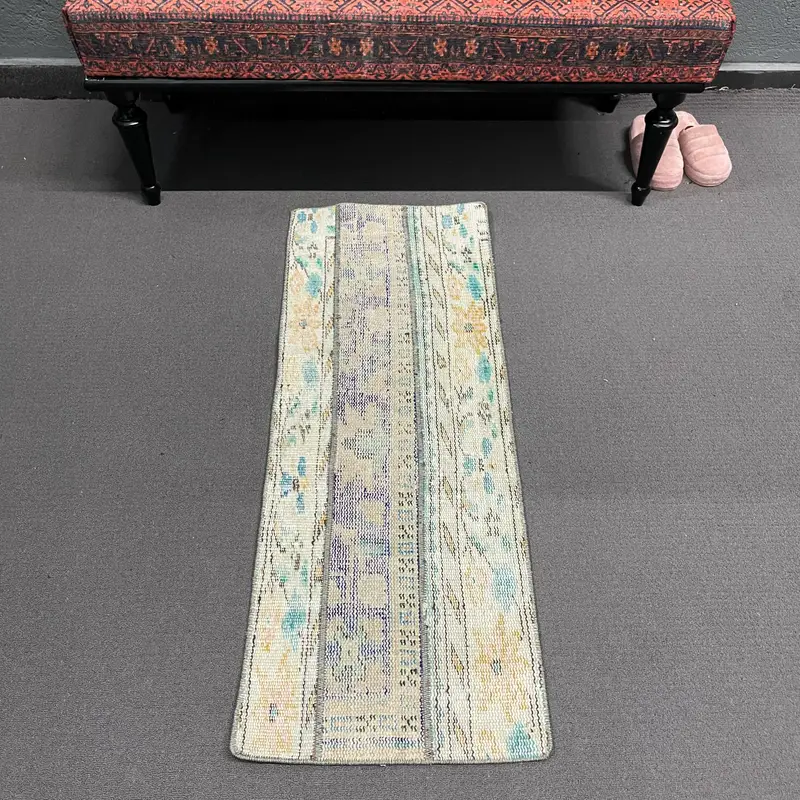 Turkish Rug, Small 1.4x3.8 ft Vintage Rug, Blue White Solid Wool Rug - 1