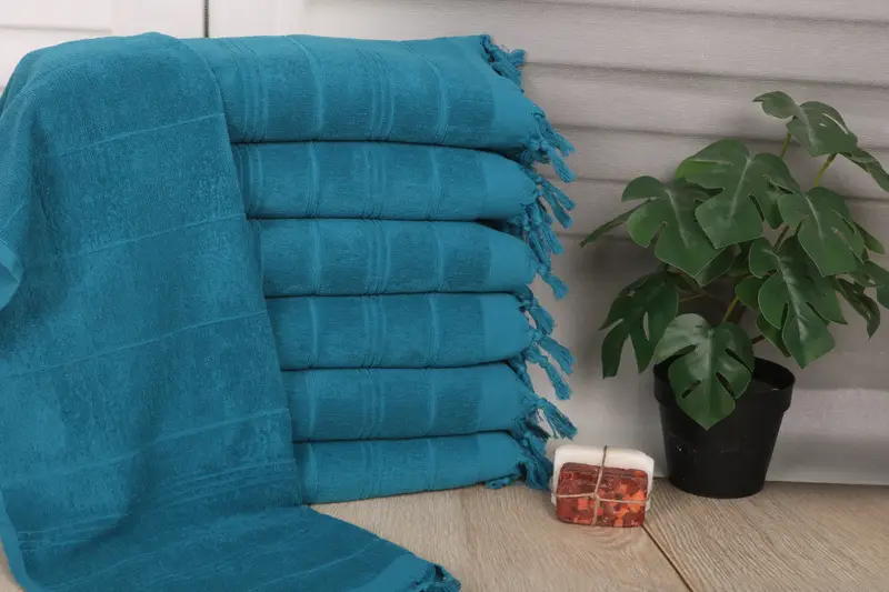 Personalized Hand Towel Striped Terry Petrol Green Cotton, 18x40 Inches