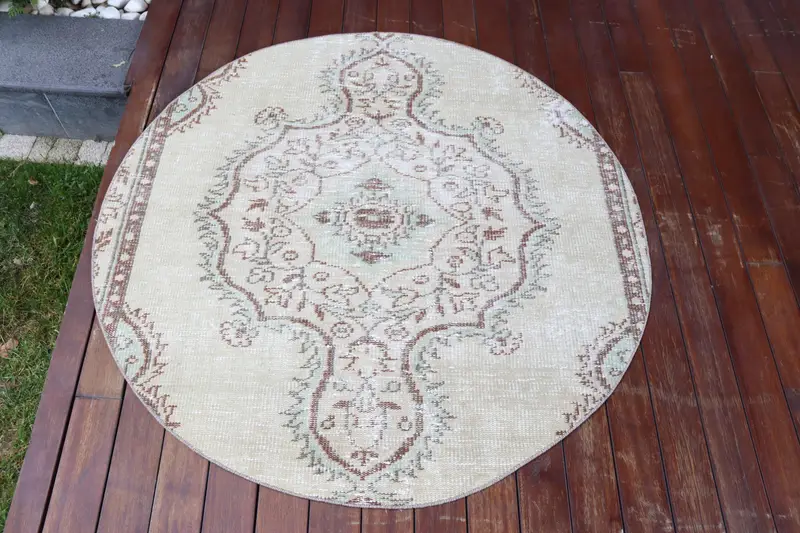 El Yapımı Yeşil Halı, 4x4 ft Çizgili, Geometrik Şekilli