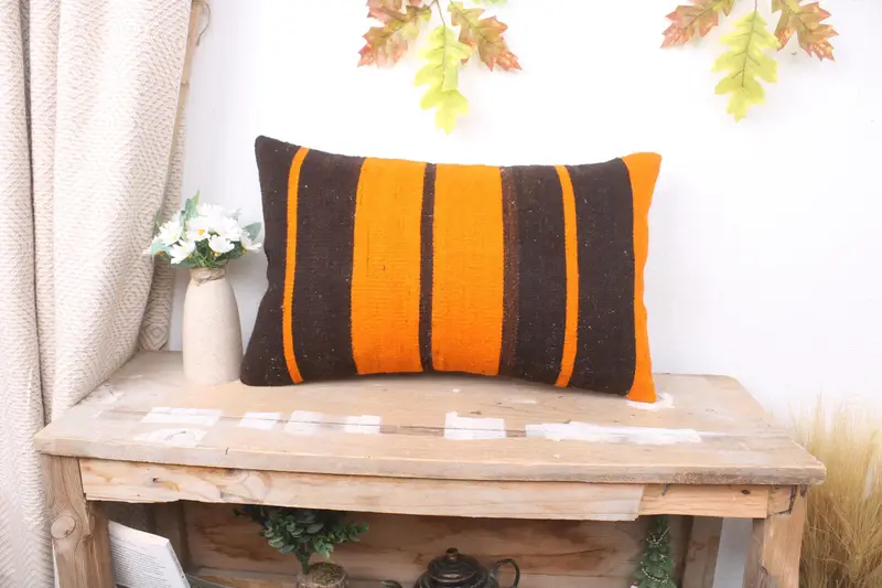 12x20 Orange Pillow, Crochet Pattern Cushion, Kilim Cushion Sham, Pillow Case, Kilim Pillow, Home Decor Pillow, Bolster Throw Cushion Cover - 1