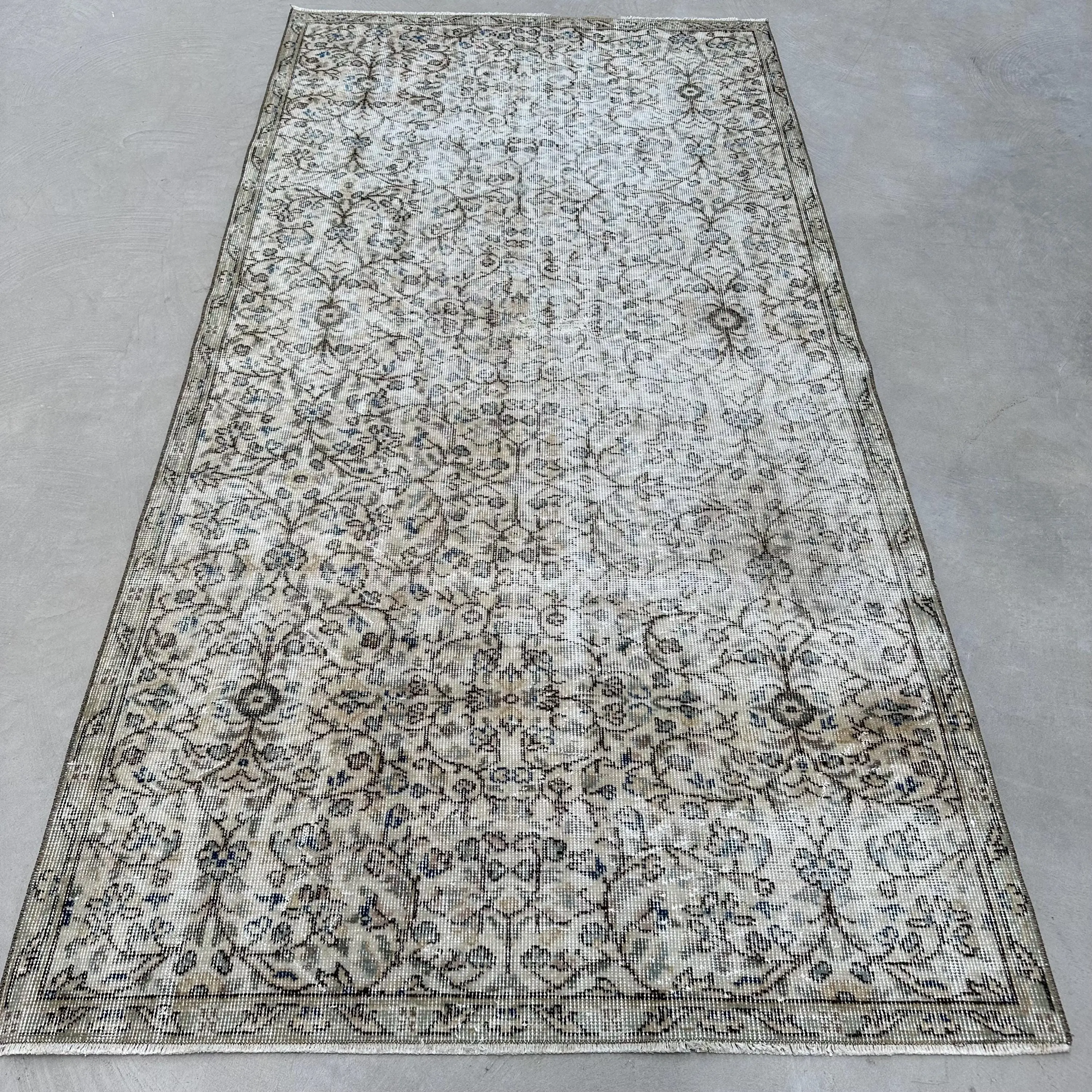 Turkish 4.1x8.1 ft Rug, Vintage Rug, Gray Floral Wool Rug - 1