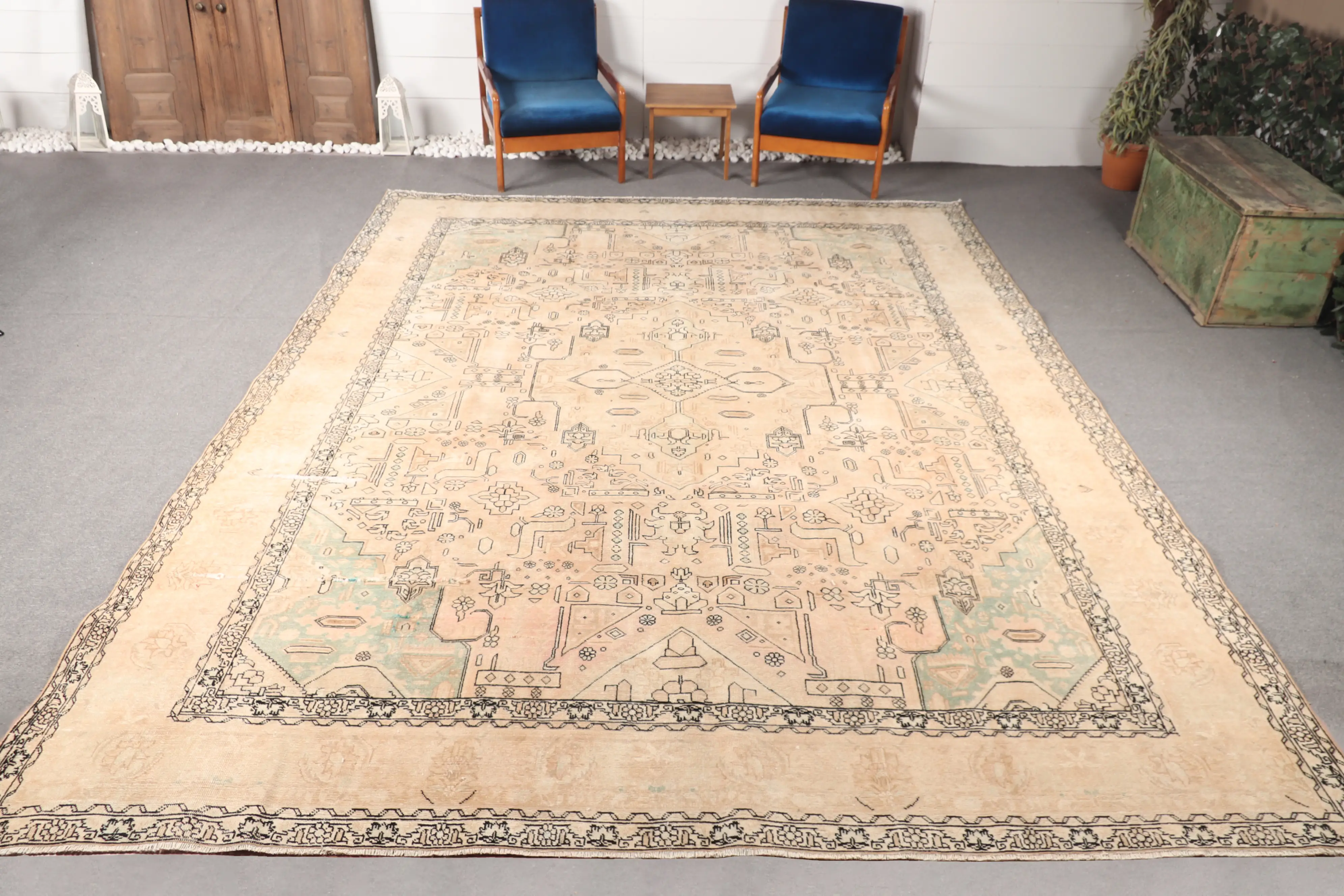 Turkish Vintage Rug, 10x12.4 ft Oushak Rug, Beige Oversize Geometric Rug - 1