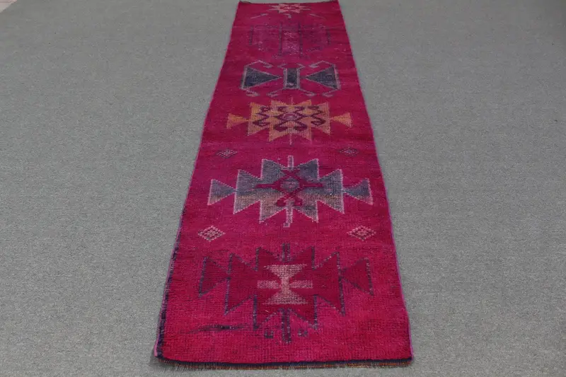 Pink & Orange Rug, 2,8x10,8 ft Geometric Floral Design