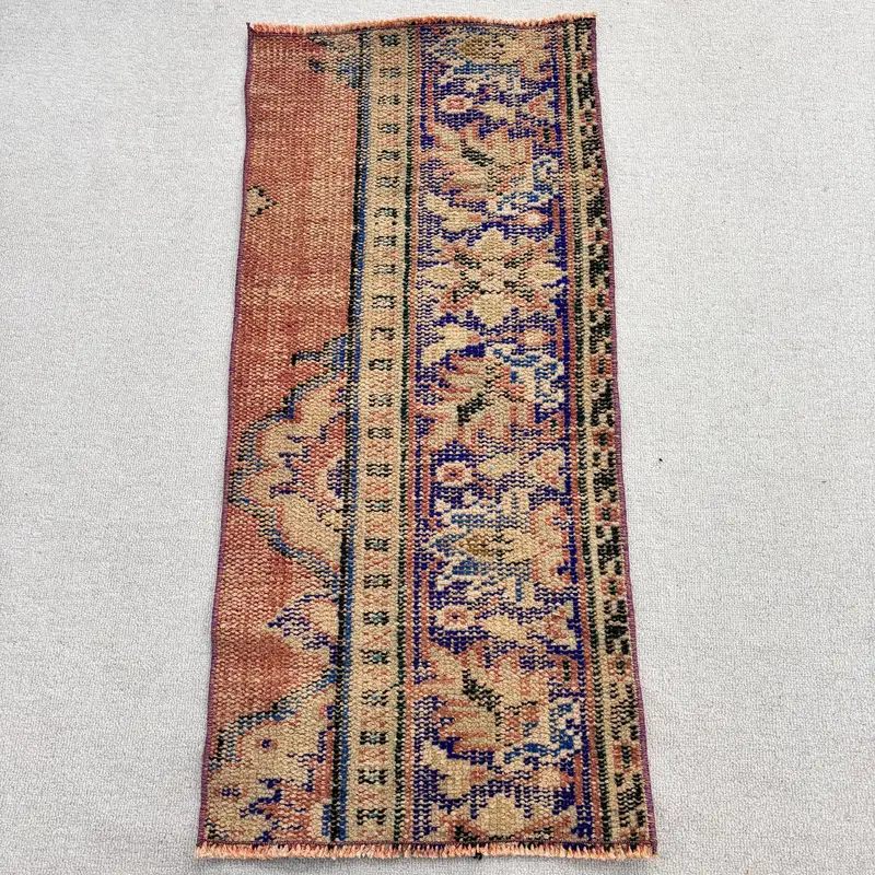 1.4x3.2 ft Rug, Small Vintage Rug, Brown Oushak Ikat Rug - 1