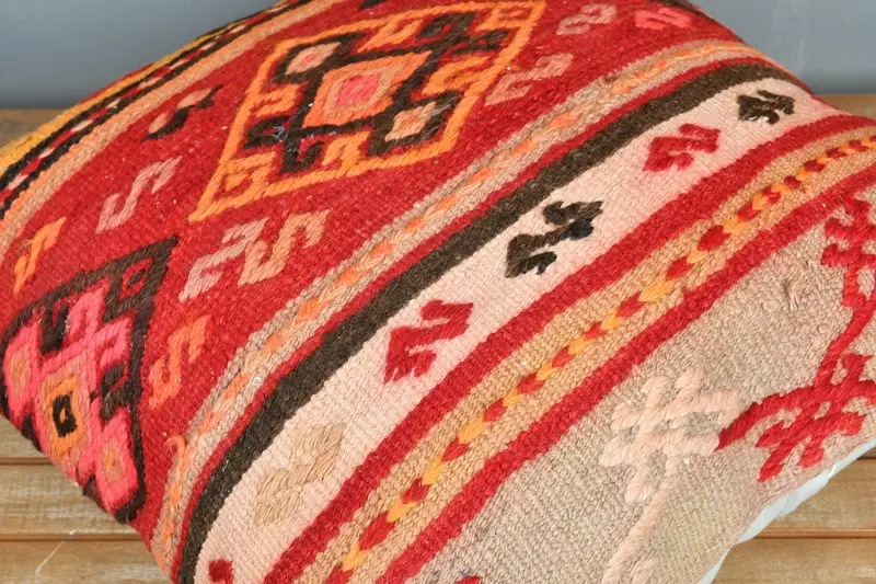 Farmhouse Cushion Case, Turkish Kilim Pillow, Ethnical Kilim Rug Pillow, Antique Pillows, Cushion Case, 24x24 Red Cushion, Floor Pillow Sham - 3