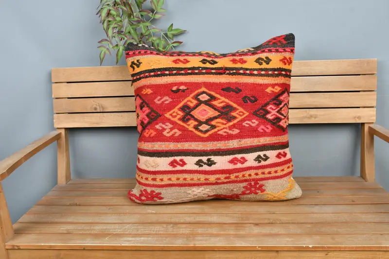 Farmhouse Cushion Case, Turkish Kilim Pillow, Ethnical Kilim Rug Pillow, Antique Pillows, Cushion Case, 24x24 Red Cushion, Floor Pillow Sham - 6