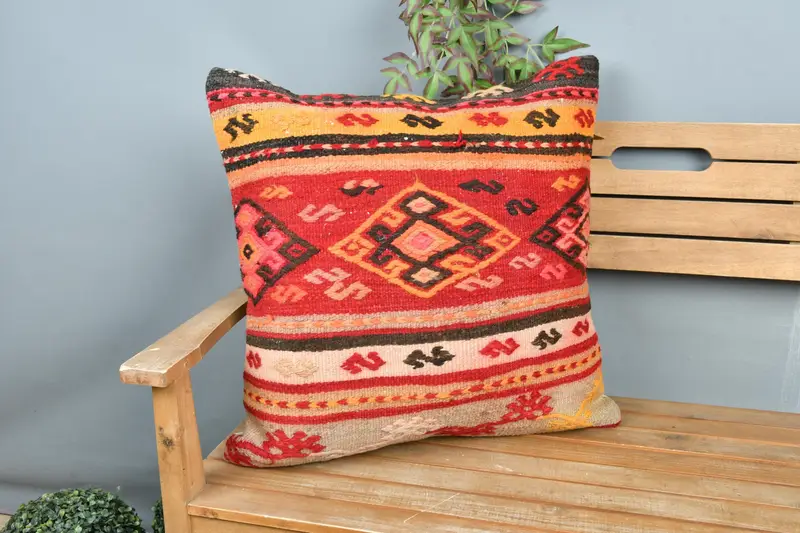 Farmhouse Cushion Case, Turkish Kilim Pillow, Ethnical Kilim Rug Pillow, Antique Pillows, Cushion Case, 24x24 Red Cushion, Floor Pillow Sham - 1