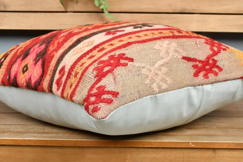 Farmhouse Cushion Case, Turkish Kilim Pillow, Ethnical Kilim Rug Pillow, Antique Pillows, Cushion Case, 24x24 Red Cushion, Floor Pillow Sham - 4