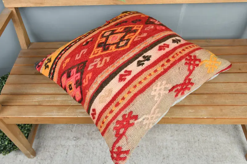 Farmhouse Cushion Case, Turkish Kilim Pillow, Ethnical Kilim Rug Pillow, Antique Pillows, Cushion Case, 24x24 Red Cushion, Floor Pillow Sham - 2