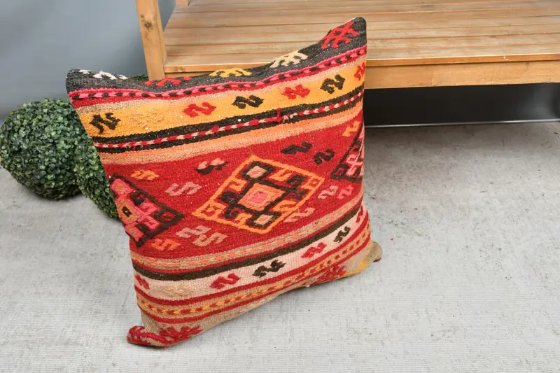 Farmhouse Cushion Case, Turkish Kilim Pillow, Ethnical Kilim Rug Pillow, Antique Pillows, Cushion Case, 24x24 Red Cushion, Floor Pillow Sham - 7