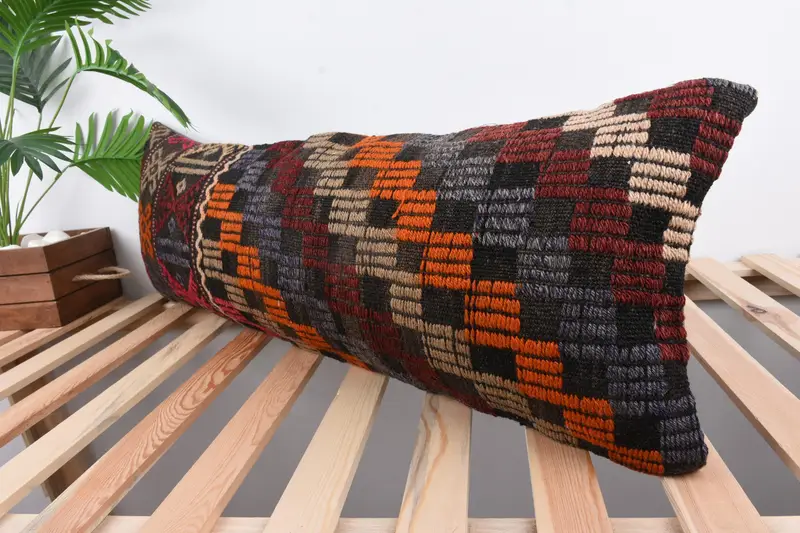 Hippie Throw Cushion Cover, Boho Pillow, 12x36 Red Pillow, Kilim Pillow Cover, Pillow, Ethnical Kilim Rug Pillow - 5