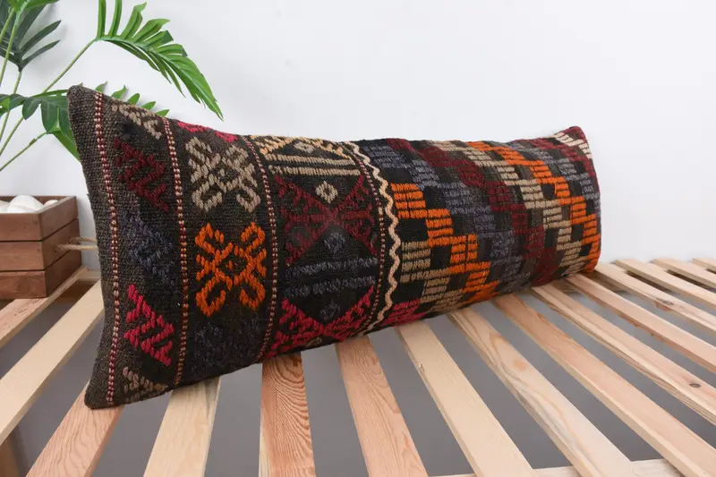Hippie Throw Cushion Cover, Boho Pillow, 12x36 Red Pillow, Kilim Pillow Cover, Pillow, Ethnical Kilim Rug Pillow - 4