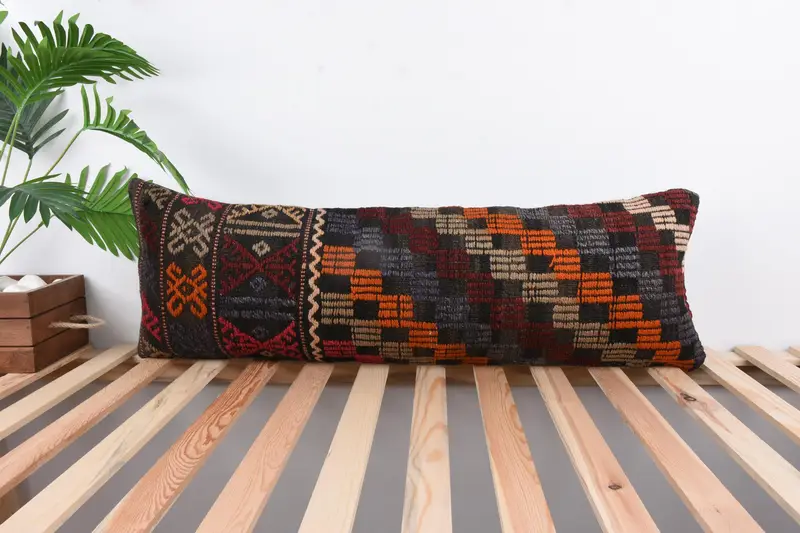 Hippie Throw Cushion Cover, Boho Pillow, 12x36 Red Pillow, Kilim Pillow Cover, Pillow, Ethnical Kilim Rug Pillow - 1