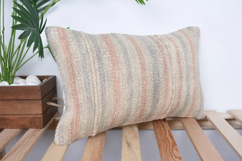 Handmade Kilim Cushion, 12x20 Beige Pillow Case, Kilim Cushion Sham, Knitted Pillow, Cushion Case, Christmas Pillow Sham, Home Decor Pillow - 4