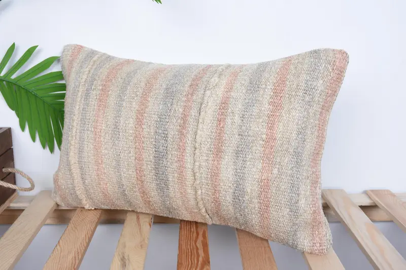 Handmade Kilim Cushion, 12x20 Beige Pillow Case, Kilim Cushion Sham, Knitted Pillow, Cushion Case, Christmas Pillow Sham, Home Decor Pillow - 5