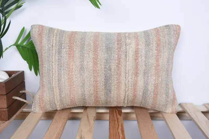 Handmade Kilim Cushion, 12x20 Beige Pillow Case, Kilim Cushion Sham, Knitted Pillow, Cushion Case, Christmas Pillow Sham, Home Decor Pillow - 1