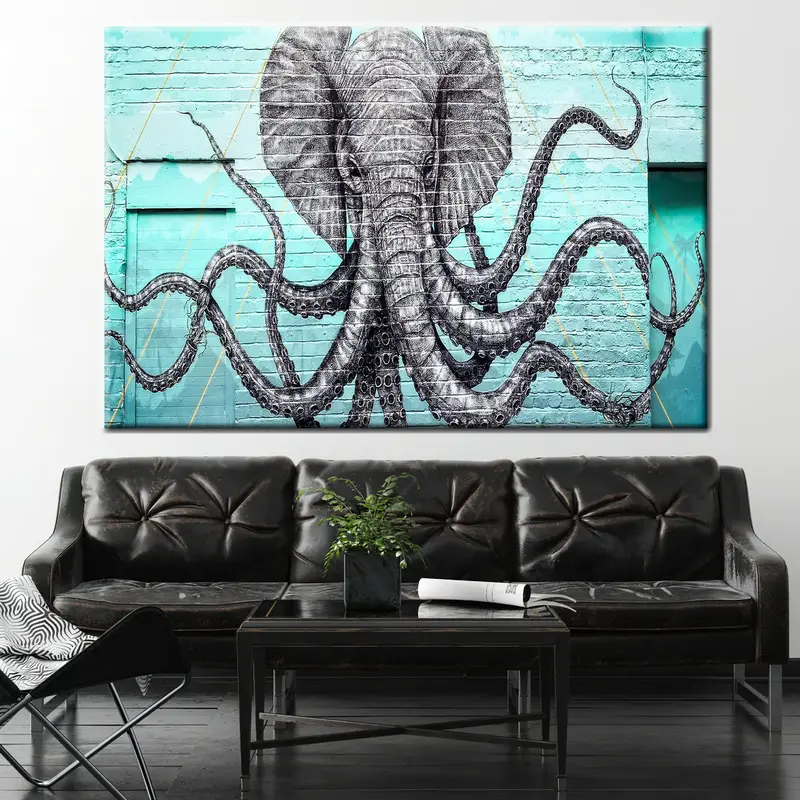 Graffiti Canvas Decor, Street Wall Art Canvas, Elephant Canvas Print, Octopus Wall Decor, Animal Canvas Painting, Graffiti Wall Art, Elepus - 1