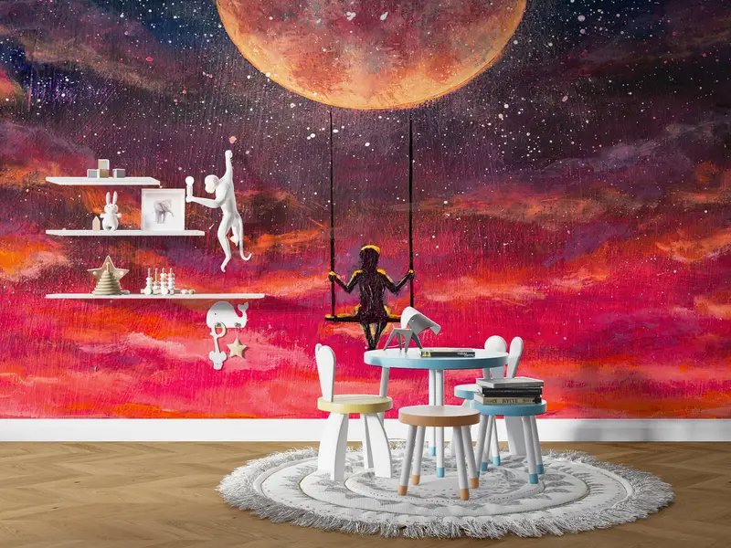 Girl Swinging On A Swing On Full Moon, Red Moon Wallpaper, Abstract Colorful Wall Mural, Abstract Moon Wall Print, Full Moon Mural, - 7