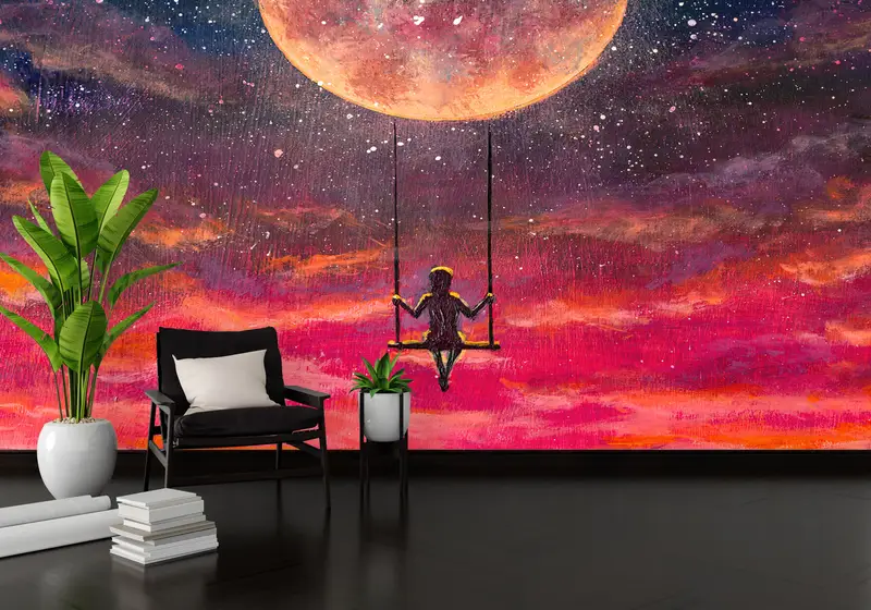 Girl Swinging On A Swing On Full Moon, Red Moon Wallpaper, Abstract Colorful Wall Mural, Abstract Moon Wall Print, Full Moon Mural, - 4