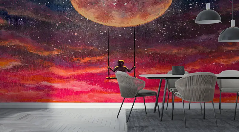 Girl Swinging On A Swing On Full Moon, Red Moon Wallpaper, Abstract Colorful Wall Mural, Abstract Moon Wall Print, Full Moon Mural, - 2