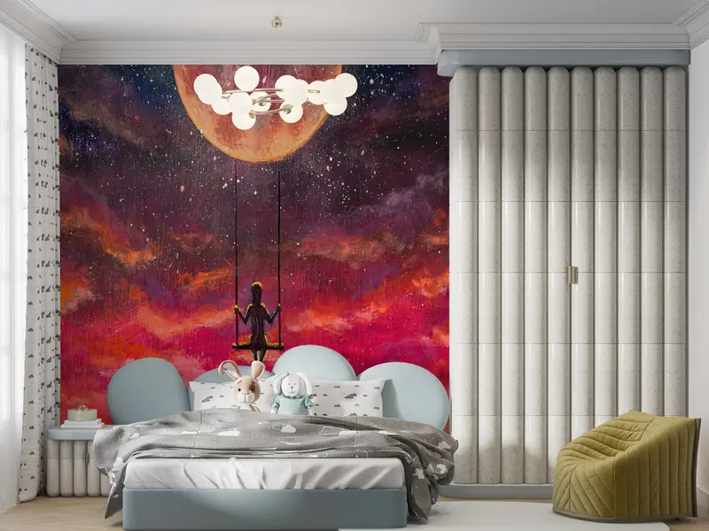 Girl Swinging On A Swing On Full Moon, Red Moon Wallpaper, Abstract Colorful Wall Mural, Abstract Moon Wall Print, Full Moon Mural, - 3