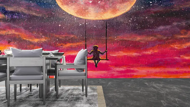 Girl Swinging On A Swing On Full Moon, Red Moon Wallpaper, Abstract Colorful Wall Mural, Abstract Moon Wall Print, Full Moon Mural, - 6