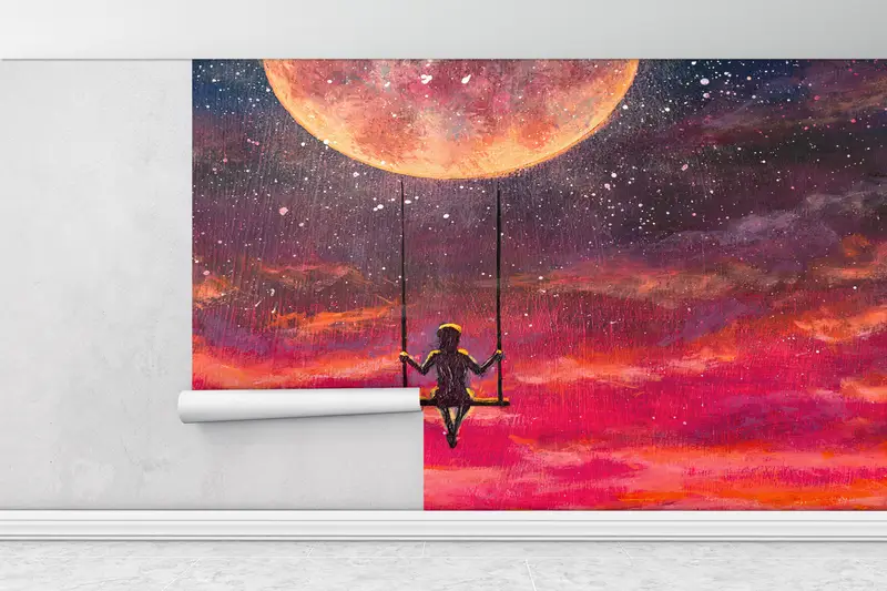 Girl Swinging On A Swing On Full Moon, Red Moon Wallpaper, Abstract Colorful Wall Mural, Abstract Moon Wall Print, Full Moon Mural, - 1